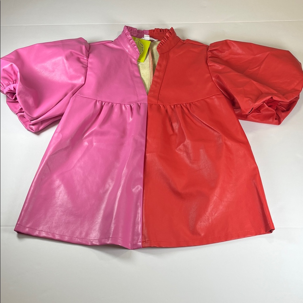 Thml Pink and Red Vegan Leather Puff Sleeve Color Block Womens Top Sz SM